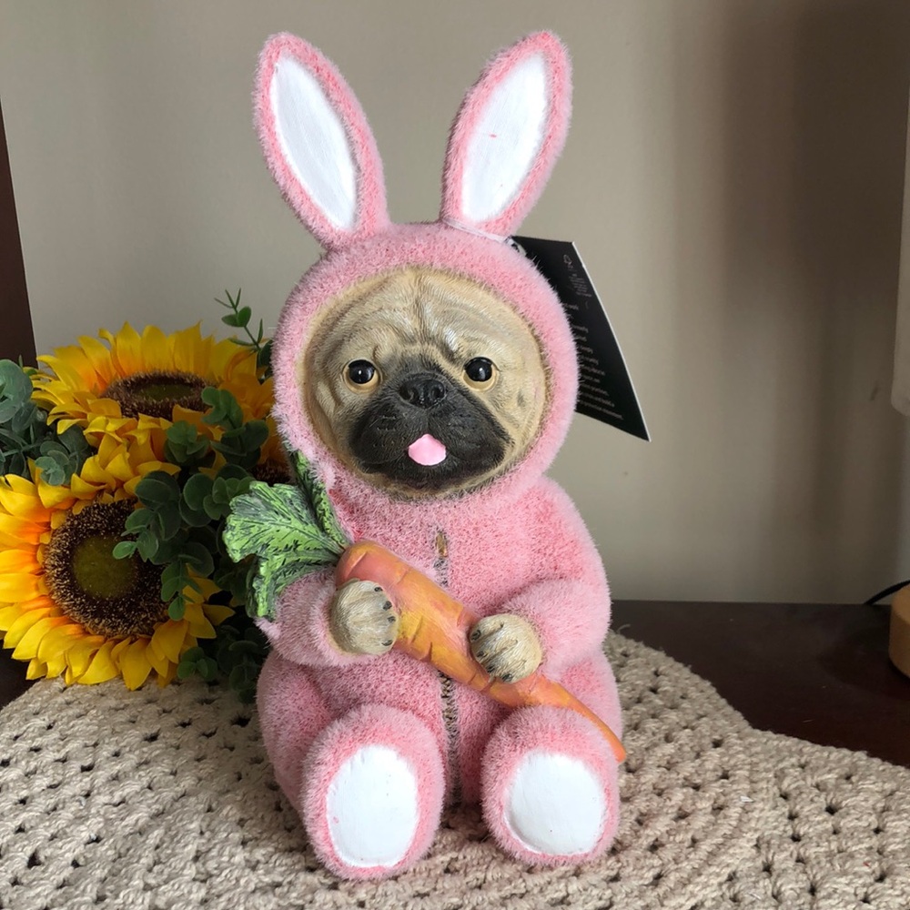 Pink Easter Bunny PUG Figurine with Carrot